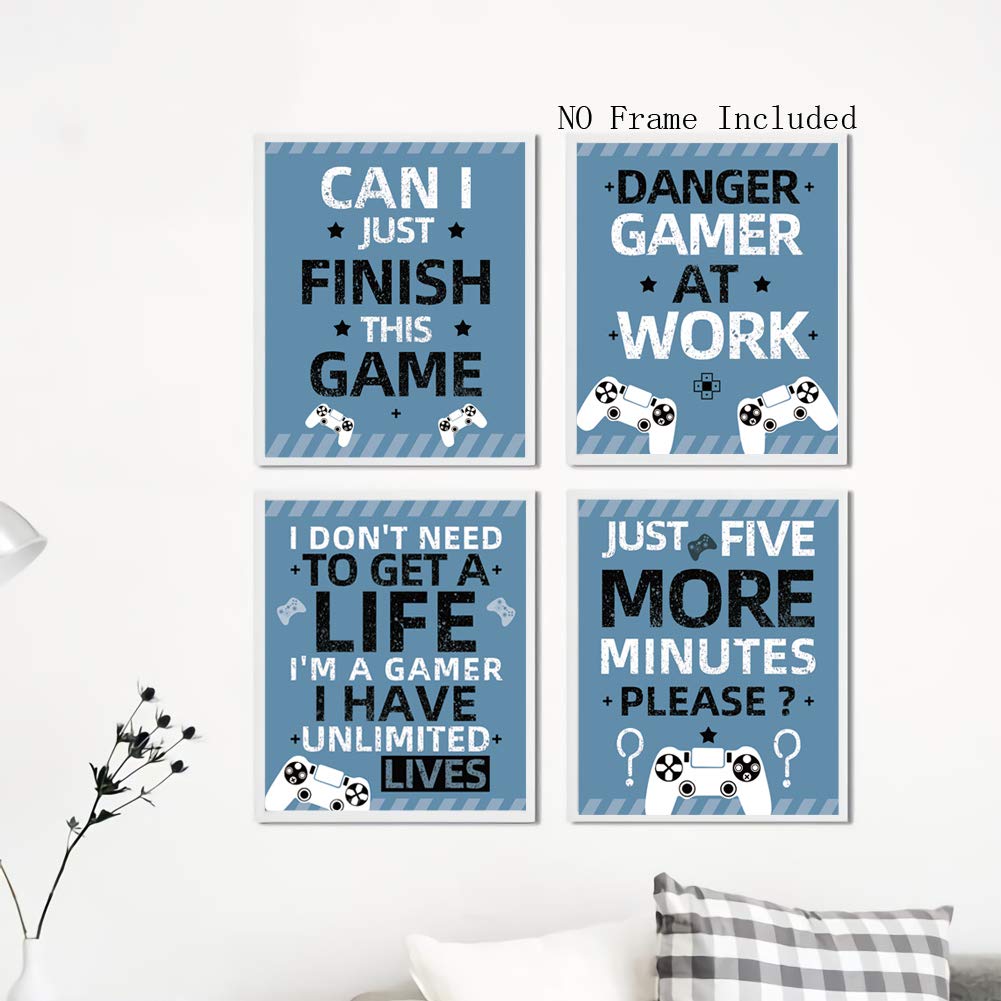 KAIRNE Gaming Art Print, Funny Video Game Canvas Paintings Poster, Set of 4 (8X10”,Unframed) Gamer Wall Art, Gaming signs just five minutes quotes Game Room Decor For Boys Gamer room decor