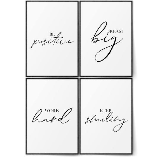 BLCKART Kitchen Poster Set of 4 Modern Wall Art Pictures Quotes Diningroom Decor Black & White Prints (4 x 6 | Unframed, Office | Dream Big)