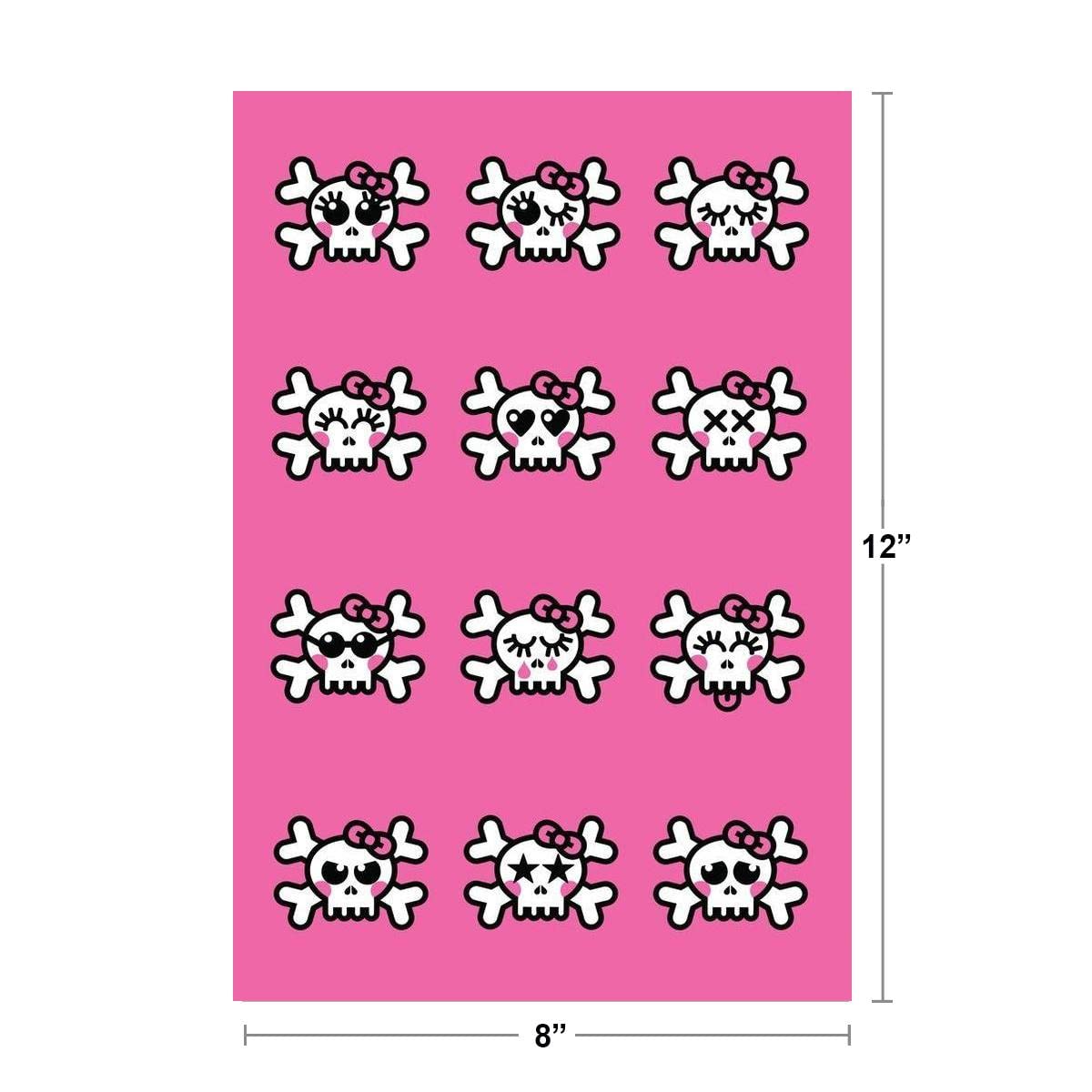 Emo Skulls Cute Winking Skeleton Heads Pattern Poster Various Faces Pink Background Decoration Thick Paper Sign Print Picture 8x12