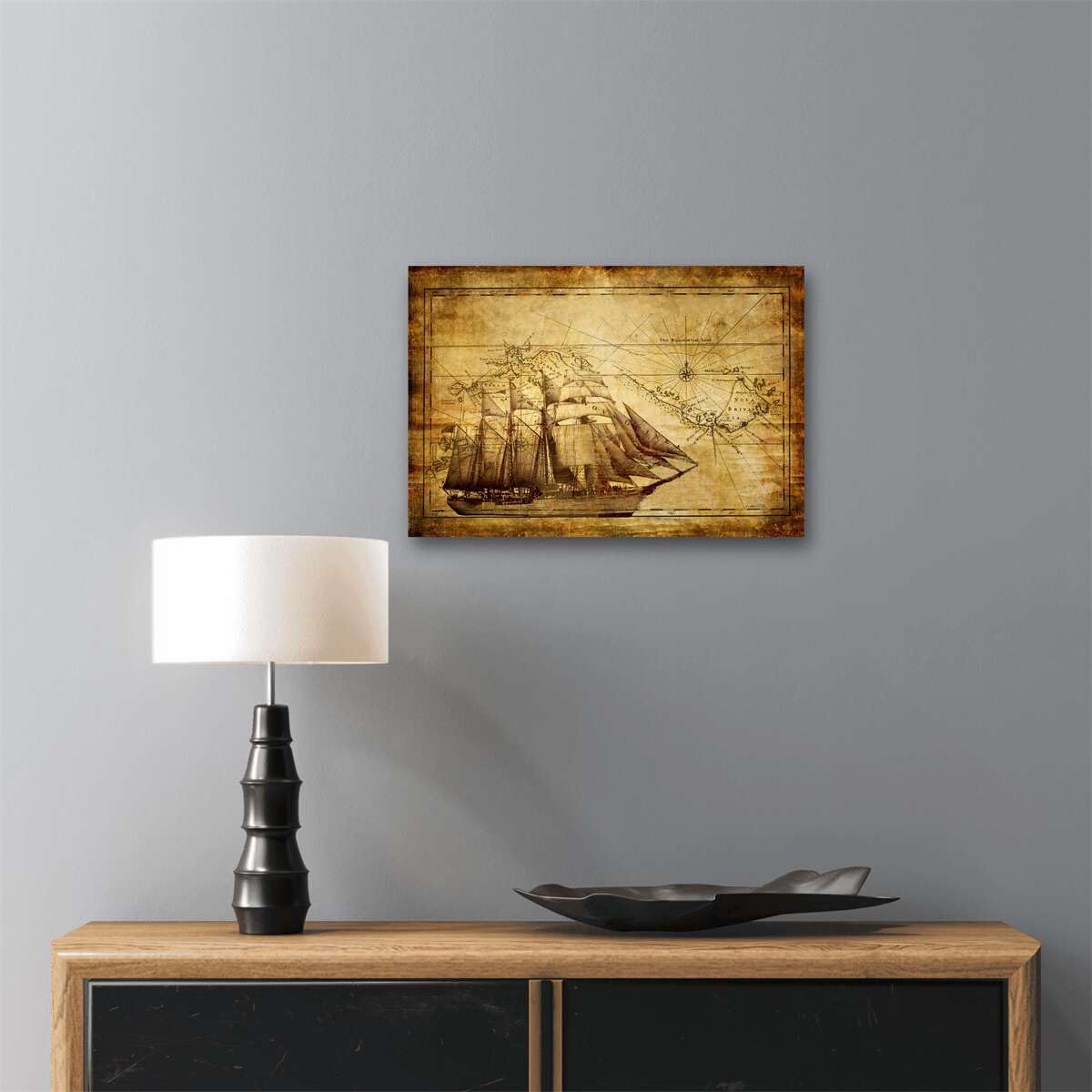 Meishe Art Old Sailing Ship Nautical Map Poster Print Wall Art Picture Home Canvas Decor (15.75" x 23.62")