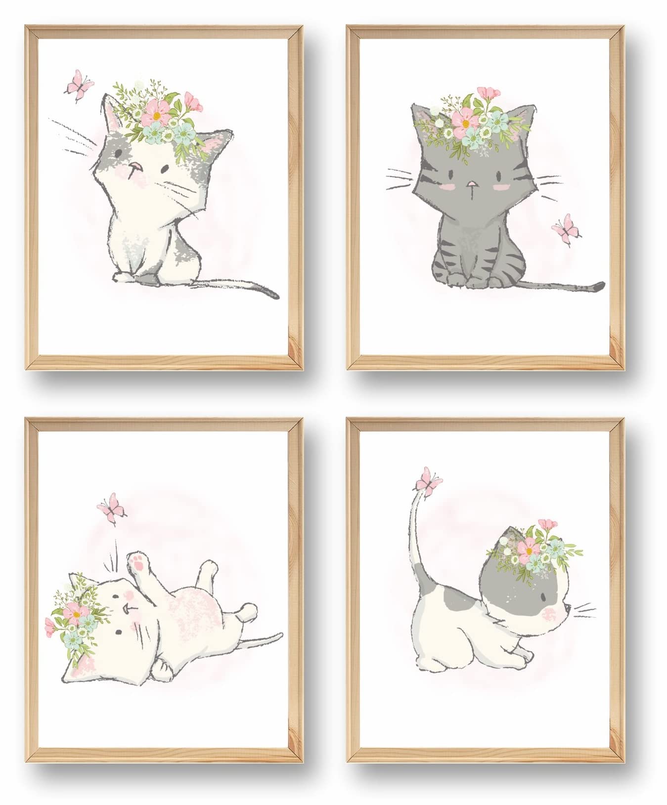 Batuba Design - UNFRAMED Set of 4 Nursery Cat Prints, Set of 4, Animal Signs, Watercolor Kitten Butterfly Flowers, Girl poster art, Gift Kids, Wall art, Sweet Cats Poster, Cat Poster for Nursey Room,