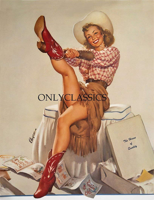 OnlyClassics 1950's Gil Elvgren Fine B&B Rare Pin-Up Poster Print Rarin' to Go Cowgirl Cowboy
