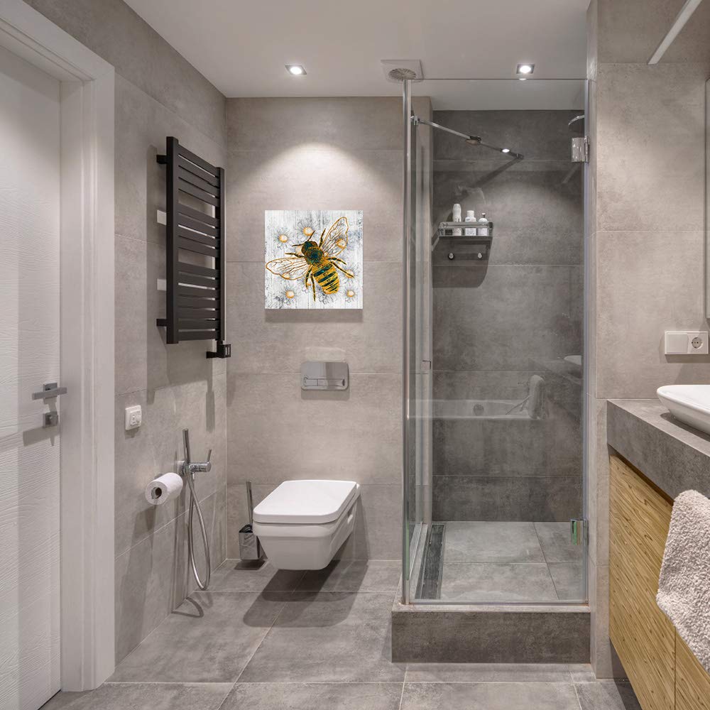 Spring Honey Bee Canvas Print Wall Art, Farm White Daisy Oil Painting Artwork Photo Poster, Blossoms Floral Animals Artworks for Living Room/Kitchen/Bedroom/Bathroom Wooden Framed Ready to Hang 8x8in