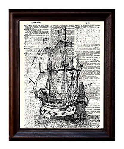Dictionary Art Print - Pirate Ship - Printed on Recycled Vintage Dictionary Paper - 8.5"x11" - Mixed Media Poster on Vintage Dictionary Page