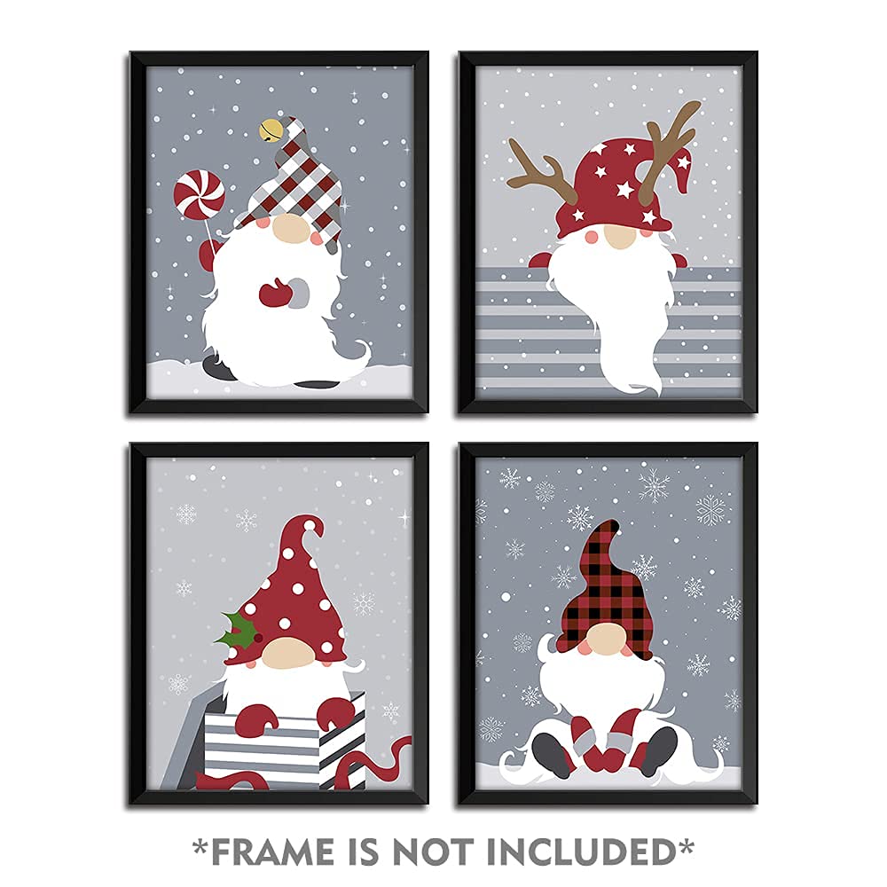 Slody Christmas Gnome Prints Cute Fairy in Red Hat Posters Snowflake Wall Art Decor Unframed Cartoon Pictures for Living Room Bedroom Home Decorative,8x10 inch Set of 4