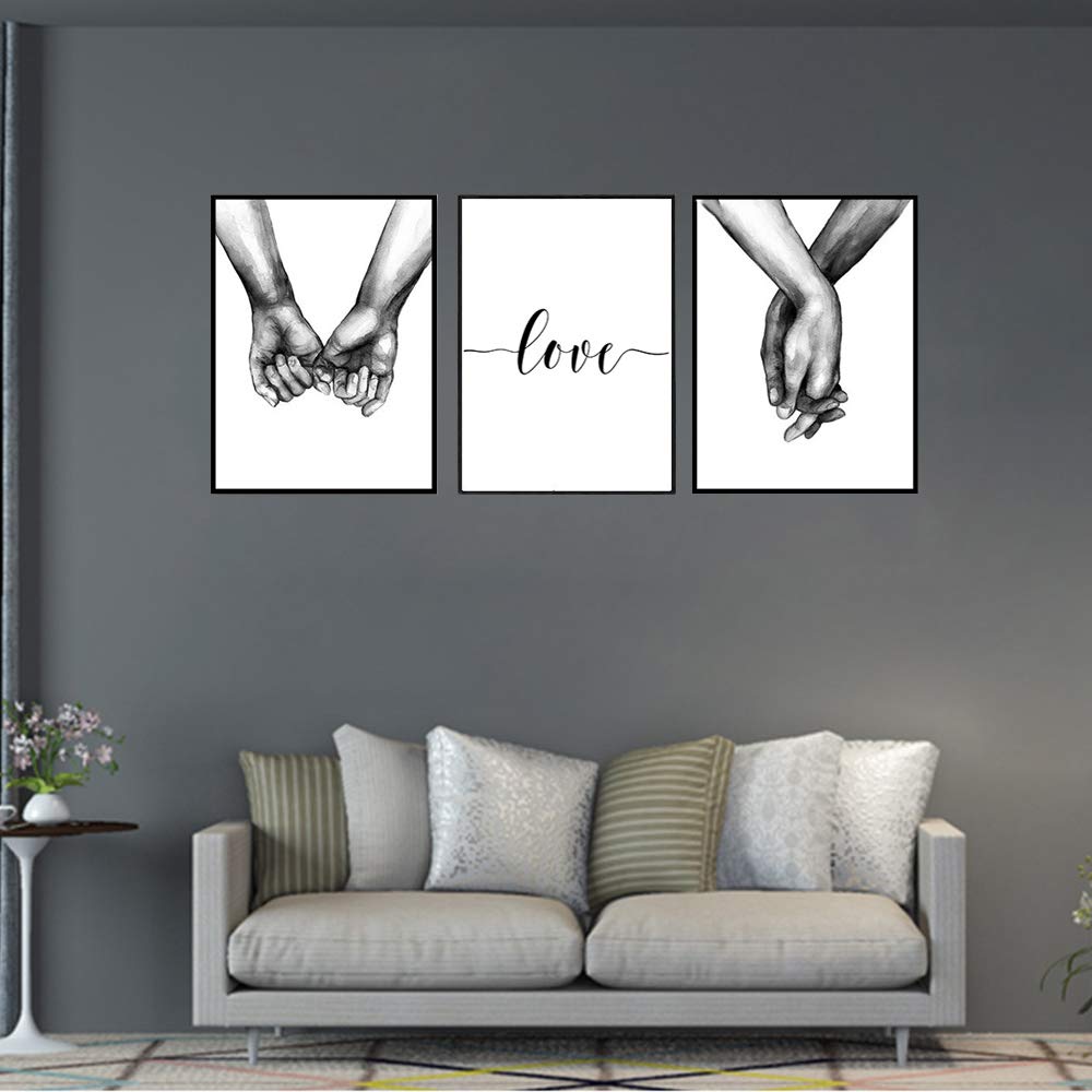 Love and Hand in Hand Poster Wall Decorative Art Canvas Print Poster for Home Living Room Bedroom Office Simple Fashion Black and White Sketch Art Line Drawing Decor Unframed 12" x 16" Set Of 3