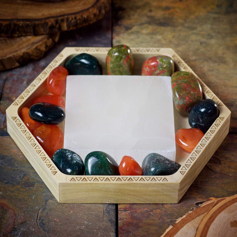 Handmade Selenite Square Crystal Charging Tray made from Natural Poplar Wood