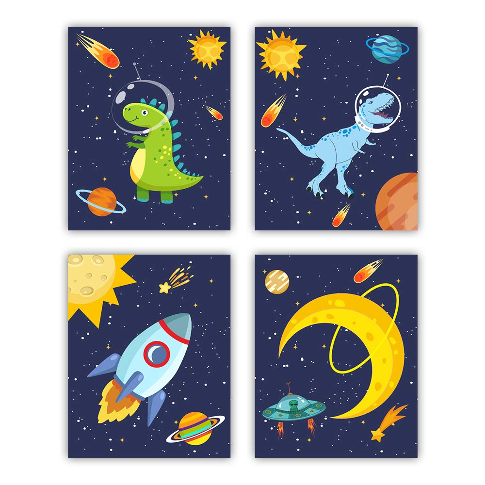 heshengzaixian Dinosaur Wall Art Posters, Space Wall Decor for Boys Bedroom,Gift for Kids, Astronaut Decorate,Solar System Painting for Nursery Classroom, Set Of 4 Unframed(8X10inch,)