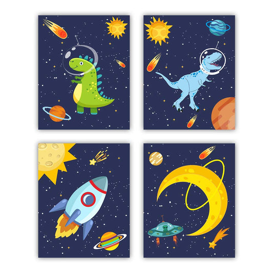 heshengzaixian Dinosaur Wall Art Posters, Space Wall Decor for Boys Bedroom,Gift for Kids, Astronaut Decorate,Solar System Painting for Nursery Classroom, Set Of 4 Unframed(8X10inch,)