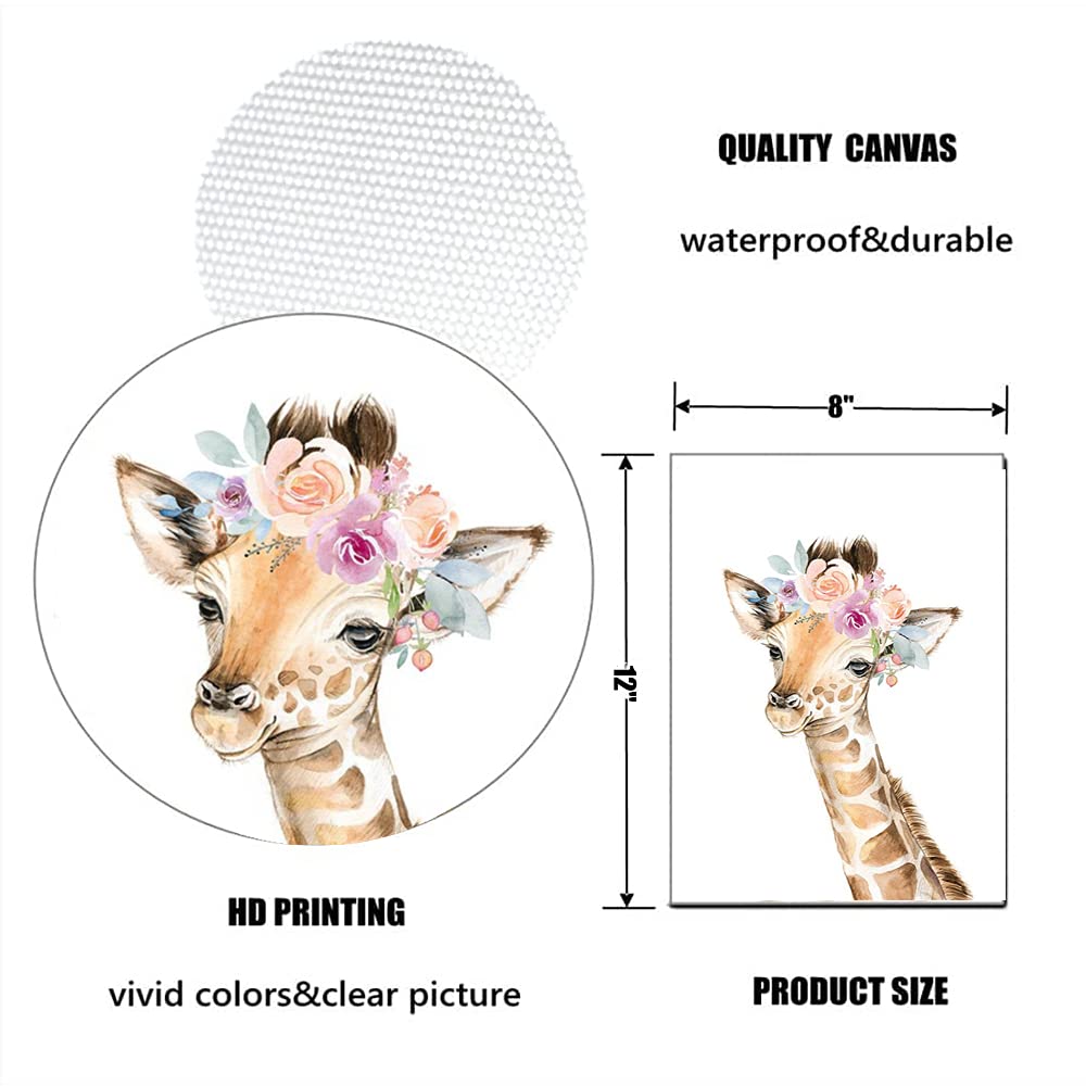 Baby Watercolor Animals Floral Wall Art Prints,8"x12" Tiger Elephant Zebra Giraffe With Wreath On Head Woodland Safari Animals Posters Pictures For Kids Rooms Nursery Decor Art (Set of 4,Unframed)