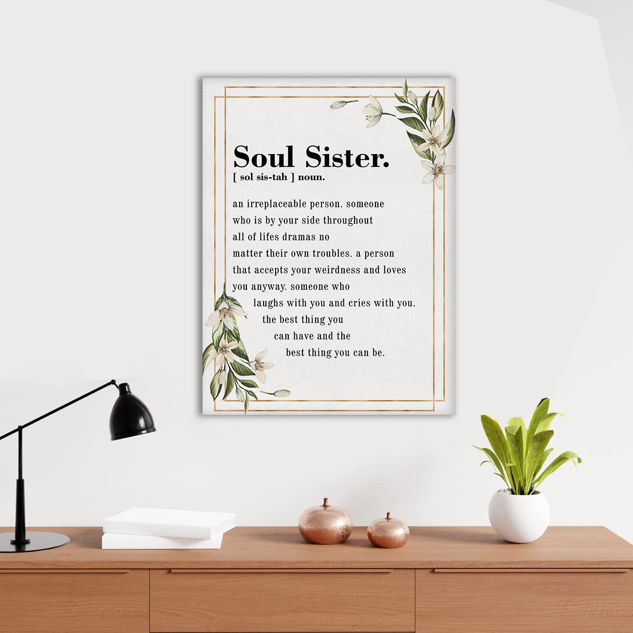 Soul Sister Definition Watercolor Canvas Print Decor an Irreplaceable Person Wall Painting Posters Artwork 11.5"x15" Gift for Home Office Decor (Wooden Framed)