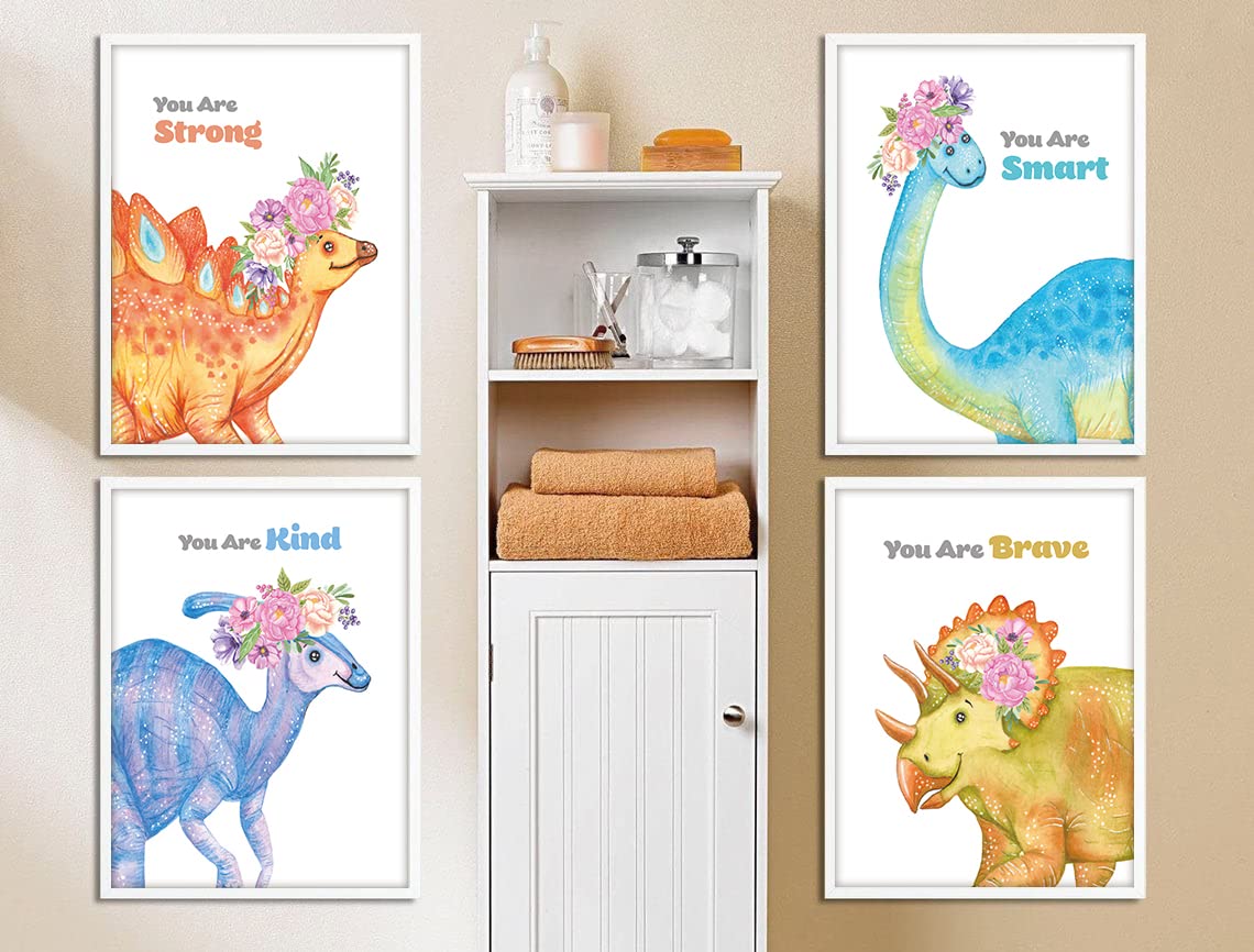 Gubrandin Watercolor Dinosaur Print Motivational Wall Art Nursery Bedroom Decoration Animals Flowers Poster Colorful Paintings for Kids Room Decor Gift (8x10 inch，Set of 4，Unframed)
