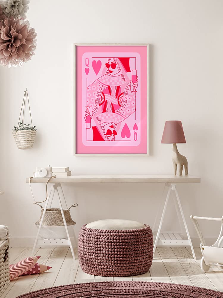 HEMOLAL pink Queen of Hearts poker aesthetic posters funny preppy playing card canvas wall art game room prints painting retro trendy modern wall decor for teen girl bedroom dorm 12x16in unframed