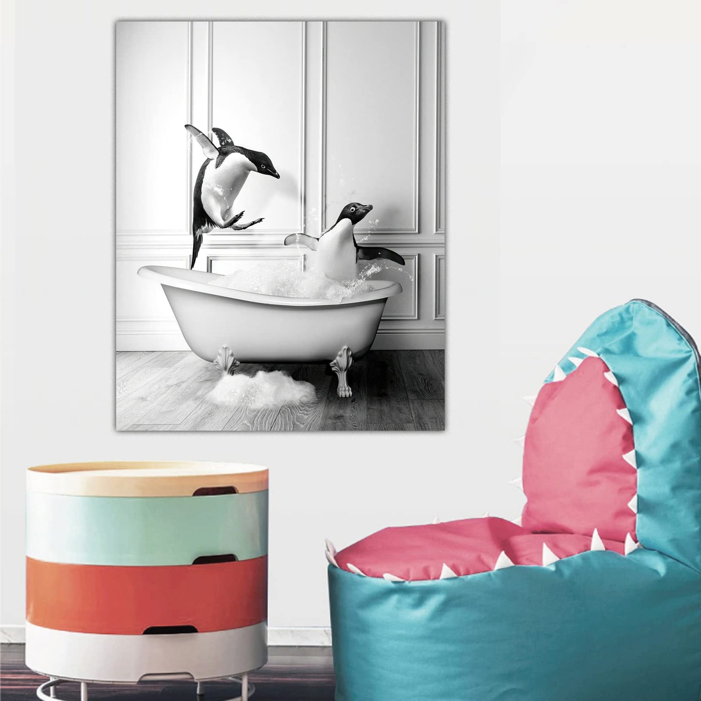 Penguin In Bathtub Canvas Wall Art - Bathroom Art Wall Decor - Animal Print Painting Picture - Black and White Artwork Poster No Frame (9x12in/23x30cm)