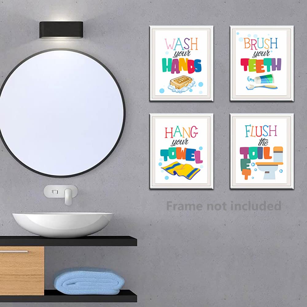 heshengzaixian Funny Kids Colorful Bathroom Quote Wall Art Prints, Kids Bathroom Décr Poster Picture Painting Set for Lavatory Toilet Restroom, Gift for Children,Set Of 4 (8”X10”) Unframed