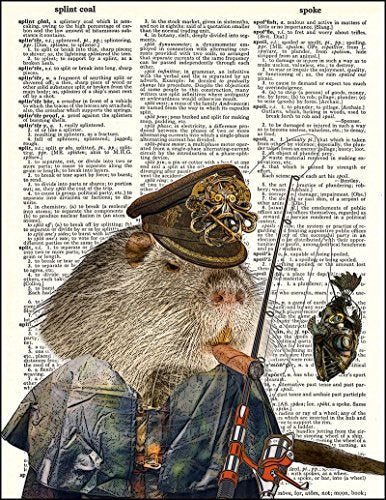 Dictionary Art Print - Steampunk Nutria River Rat "Middle Boatman Randall Rattington" Illustration - Printed on Recycled Vintage Dictionary Paper - 8"x11" - Mixed Media Poster on Vintage Dictionary Page