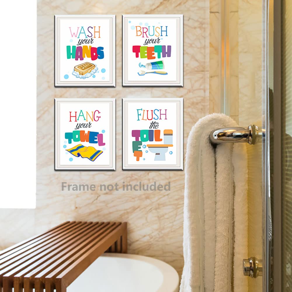 heshengzaixian Funny Kids Colorful Bathroom Quote Wall Art Prints, Kids Bathroom Décr Poster Picture Painting Set for Lavatory Toilet Restroom, Gift for Children,Set Of 4 (8”X10”) Unframed