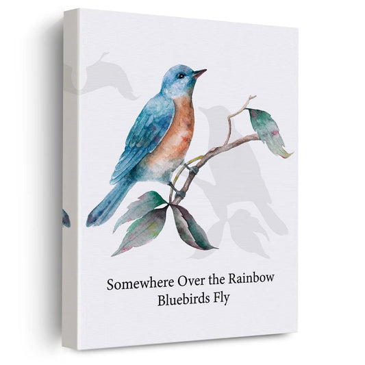 EVXID Inspirational Quote Somewhere Over the Rainbow Canvas Poster Painting Wall Art, Bluebirds Print Artwork Framed Ready to Hang for Home Office Decor 12 x 15 inch
