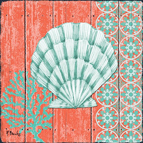 Gango Home Décor 4 Lovely Teal and Coral Ocean Seashell Sand Dollar Seahorse Star Fish Collage Poster Prints; Nautical Decor; Four 8x8in Poster Prints