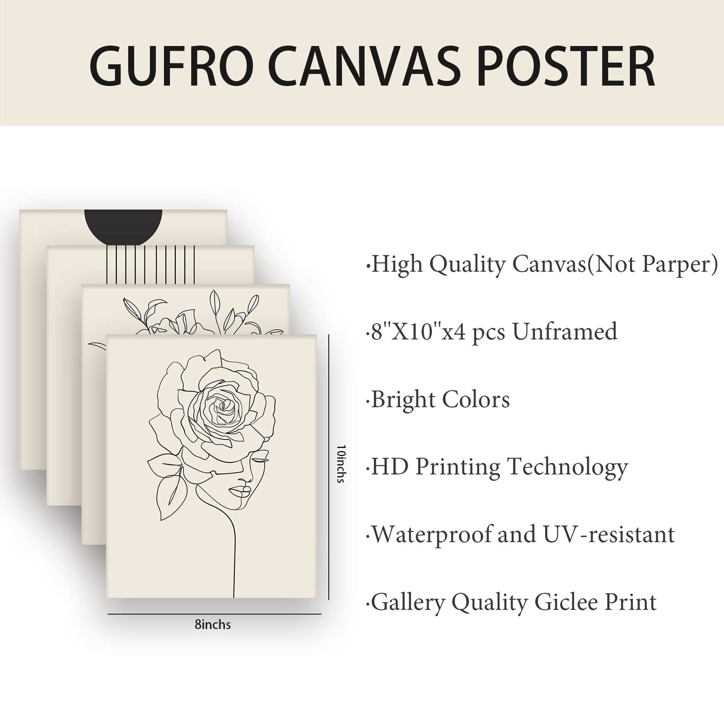 Gufro Minimalist Boho Wall Art Prints Poster,Black Beige Women Body Line Art Flower Boho Art Prints, Office Home Decoration,8''x10''x4 Pcs Unframed