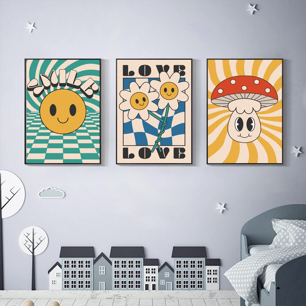 Hippie Wall Art Vintage Wall Decor Prints Hippie Flower Canvas 60s 70s Retro Posters Abstract Minimalist Happy Face Photos Boho Pictures for Living room Bedroom