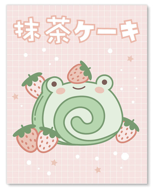 Kawaii Frog Strawberry Swiss Roll Wall Art Print- Cute Pink Kawaii Room Decor - Japanese Anime Poster Cottagecore Aesthetic for Teens Gamer Girls Bedroom- 8x10 - Unframed