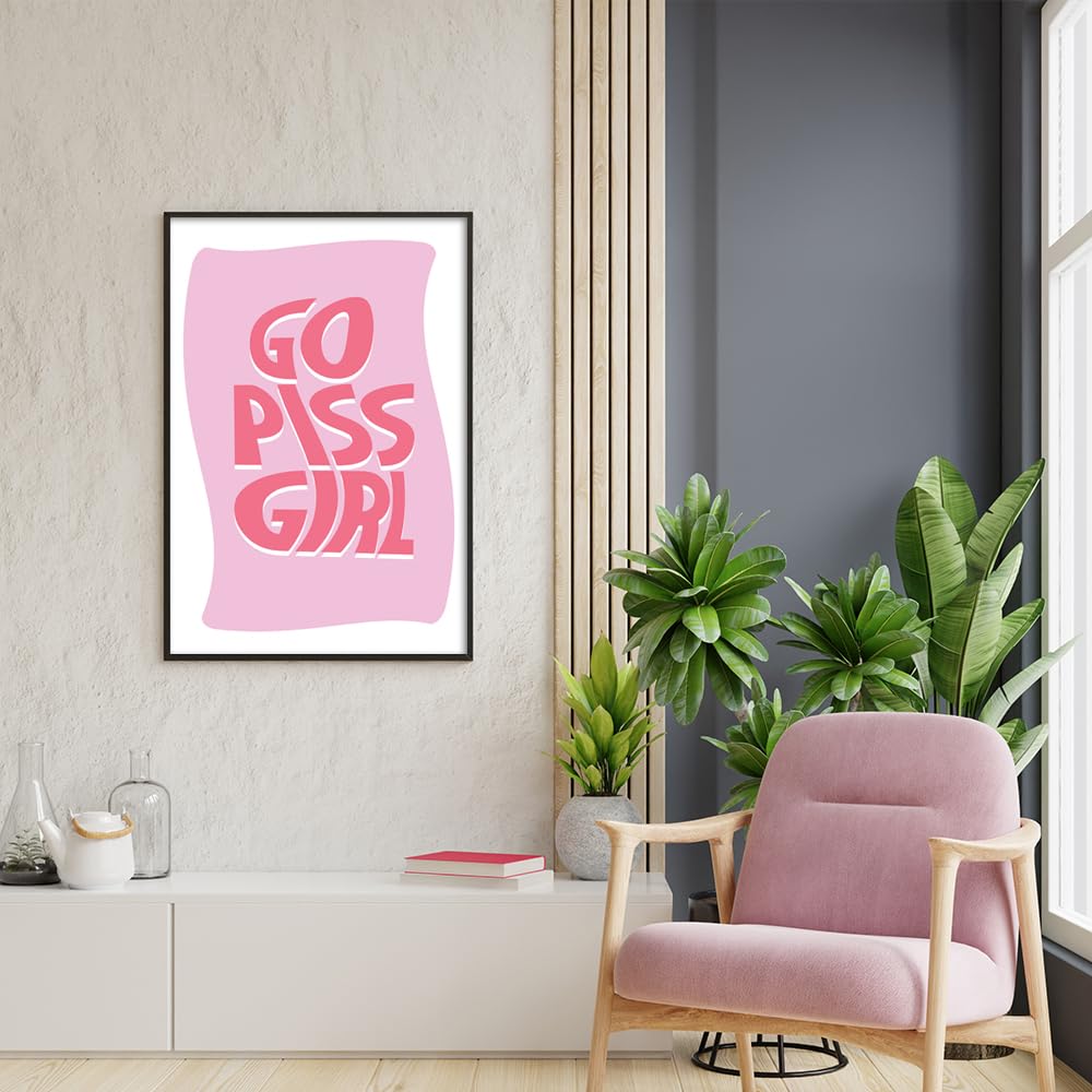 DFAIUY Go Piss Girl Poster Wall Art | Trendy Poster Wall Art Pink Aesthetic Decor Print Painting Home Decor Pop Culture Art Funny Cute Decor Bathroom Toilet 12x16in Unframed