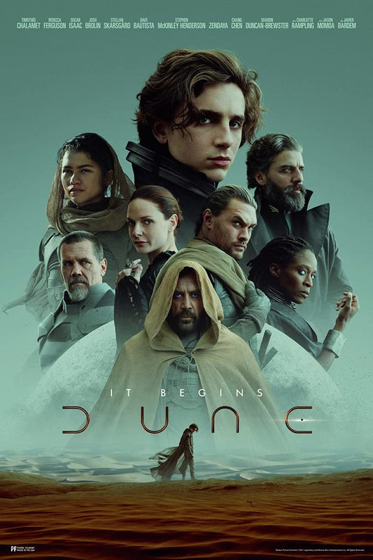 Dune Movie Poster Cast Montage Timothee Chalamet Jason Momoa Official Merchandise 2021 Movie Merch Denis Villeneuve Film Frank Herbert Book Series It Begins Cool Wall Decor Art Print Poster 12x18