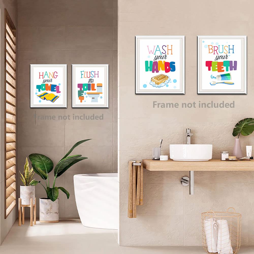 heshengzaixian Funny Kids Colorful Bathroom Quote Wall Art Prints, Kids Bathroom Décr Poster Picture Painting Set for Lavatory Toilet Restroom, Gift for Children,Set Of 4 (8”X10”) Unframed