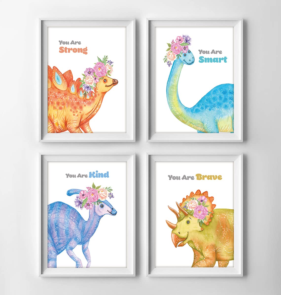 Gubrandin Watercolor Dinosaur Print Motivational Wall Art Nursery Bedroom Decoration Animals Flowers Poster Colorful Paintings for Kids Room Decor Gift (8x10 inch，Set of 4，Unframed)