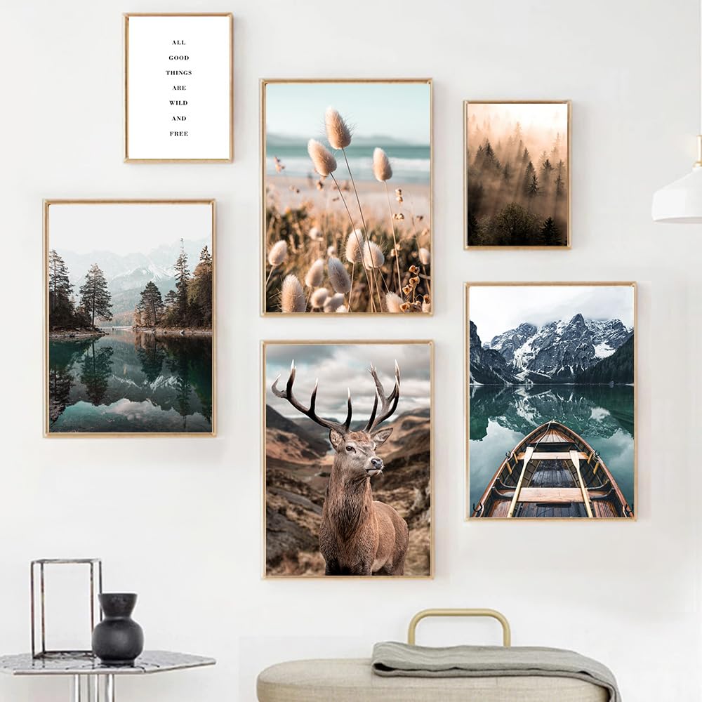 Canssape Nature Wall Art Prints Set of 6 Mountain Wall Poster Prints 8"x10" Aesthetic Poster for Living Room Decor Landscape Posters Wall Decor (Unframed)(Deer)