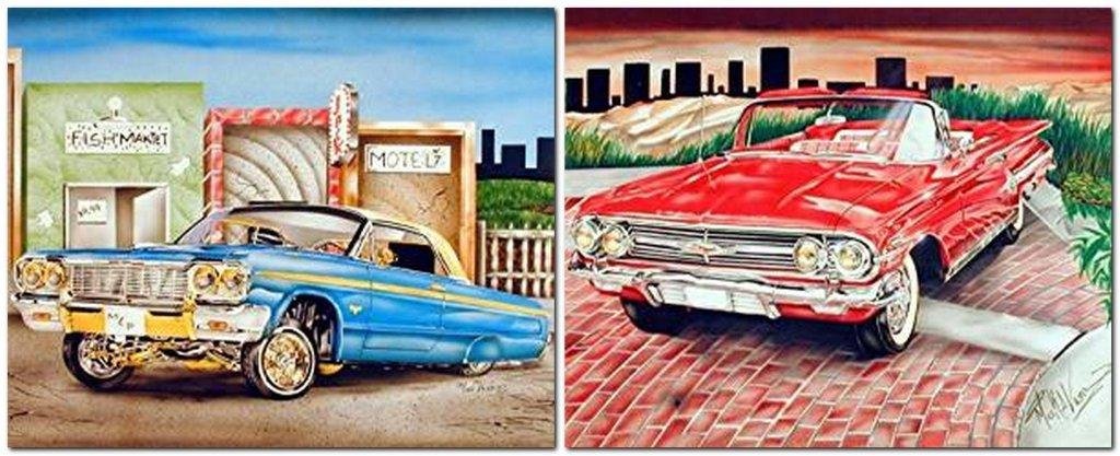 Blue & Gold Lowrider Classic Vintage Red Car 8x10 Two Set Wall Decor Picture Art Print Posters