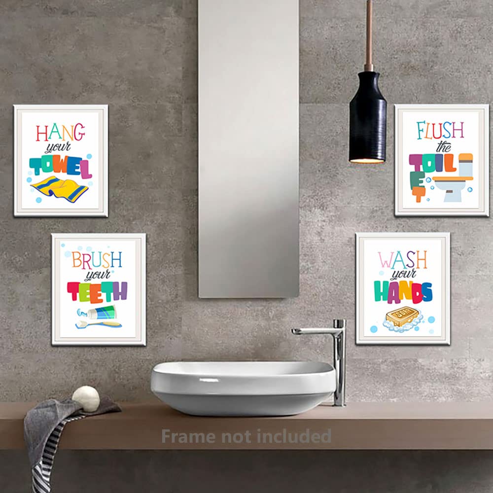 heshengzaixian Funny Kids Colorful Bathroom Quote Wall Art Prints, Kids Bathroom Décr Poster Picture Painting Set for Lavatory Toilet Restroom, Gift for Children,Set Of 4 (8”X10”) Unframed