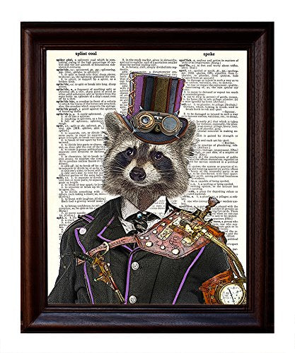 Fresh Prints of CT Dictionary Art Print - Steampunk Racoon Colonel Roderick Racoonbottom - Printed on Recycled Vintage Dictionary Paper - 8"x11" - Mixed Media Poster on Vintage Dictionary Page