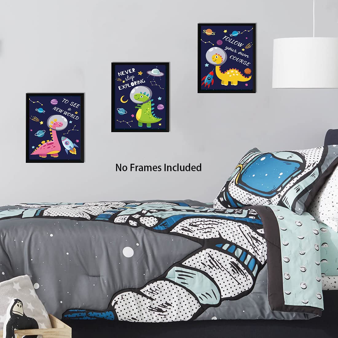 ZXjoys Dinosaur Outer Space Art Print, Wall Posters, Set Of 4 (8X10inch,Unframed) Watercolor Words Prints Planet Rocket UFO Painting for Nursery Kids Bedroom Classroom Decor