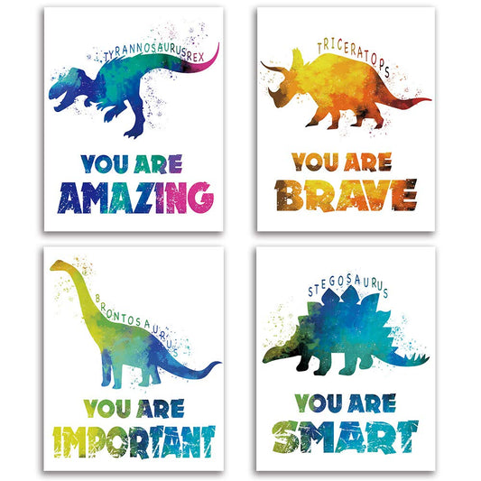 SUUURA-OO Dinosaur Inspirational Words Watercolor Art Prints Set of 4 (8”X10”), Dinosaur Wall Art Poster for Boys & Girls, Son, Kids Room, Nursery, Home Decor, No Frame (YOU ARE AMAZING)