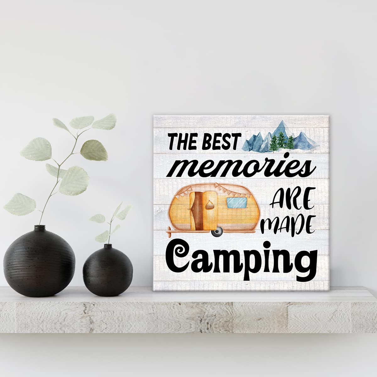 Rustic Best Memories Camping Farmhouse Canvas Print Wall Art Decor RV Camper Camp Sign Painting Poster Plaque Rustic Home Decoration (8 X 8 inch, Framed)