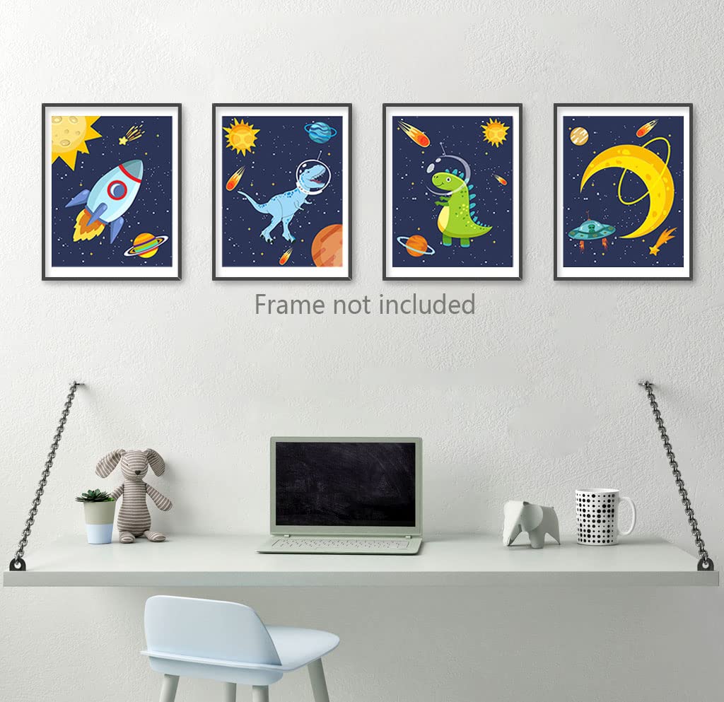 heshengzaixian Dinosaur Wall Art Posters, Space Wall Decor for Boys Bedroom,Gift for Kids, Astronaut Decorate,Solar System Painting for Nursery Classroom, Set Of 4 Unframed(8X10inch,)