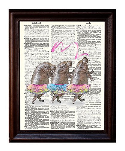 Fresh Prints of CT Dictionary Art Print - Dancing Hippos - Printed on Recycled Vintage Dictionary Paper - 8"x11" - Mixed Media Poster on Vintage Dictionary Page