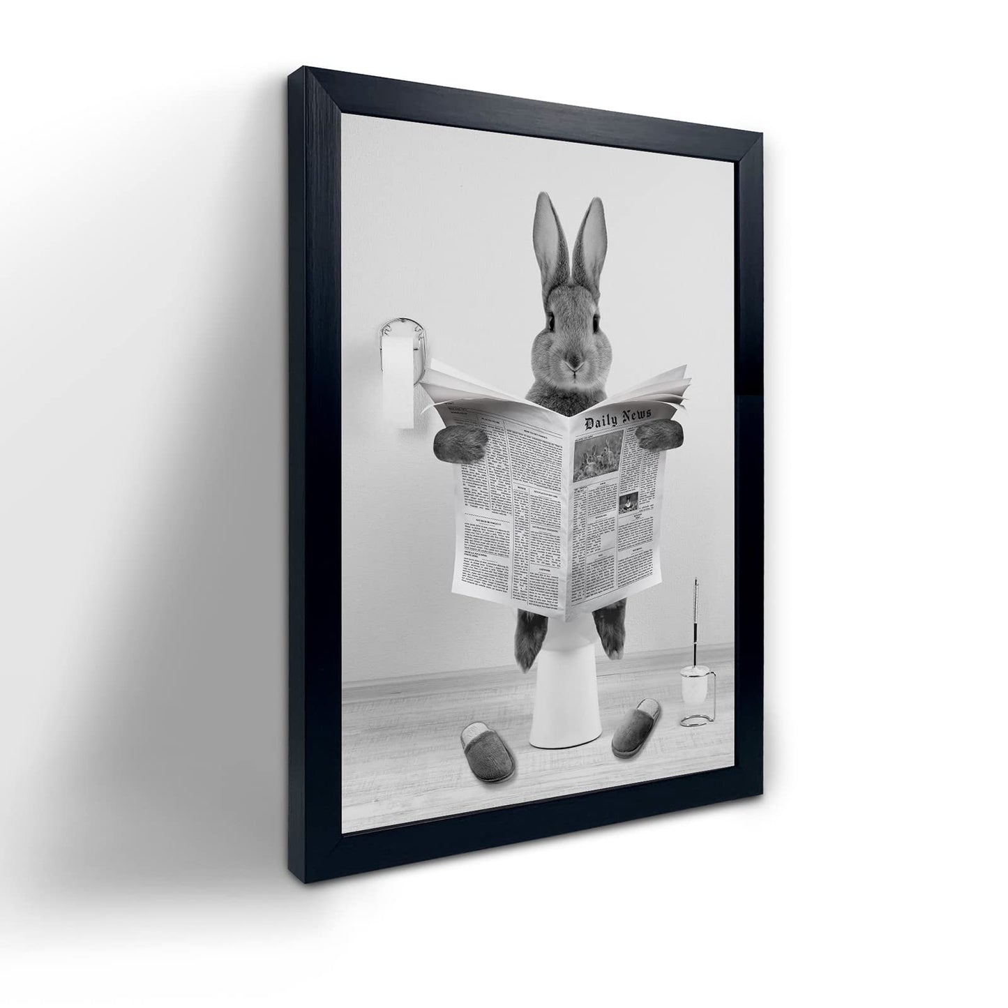 YongArt Black Framed Poster, Cute Rabbit Bathroom Wall Art, Farmhouse Style Animals Bathroom Wall Decor, Black and White Canvas Wall Art Ready to Hang for Kids Bathroom