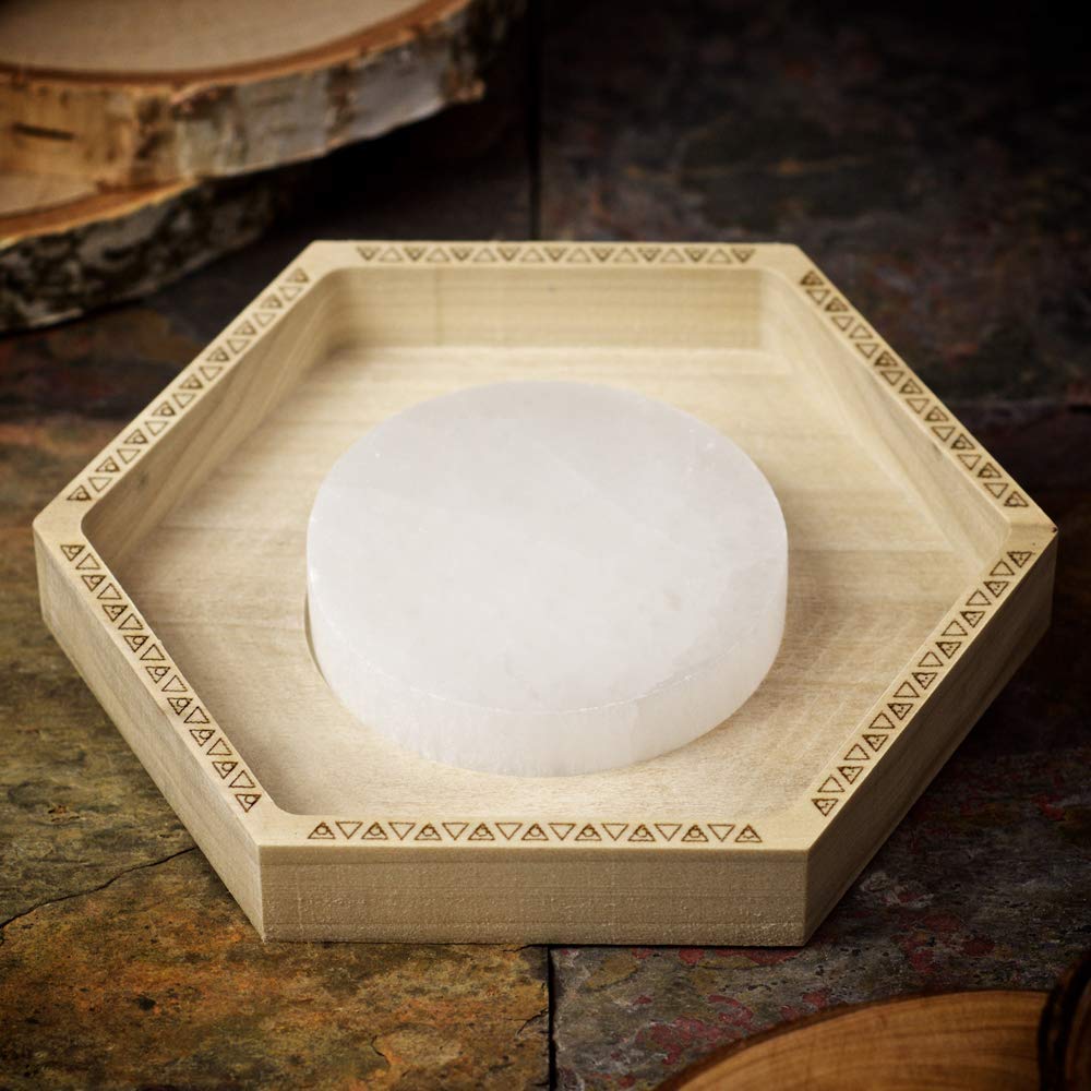 Handmade Selenite Circle Crystal Charging Tray made from Natural Poplar Wood