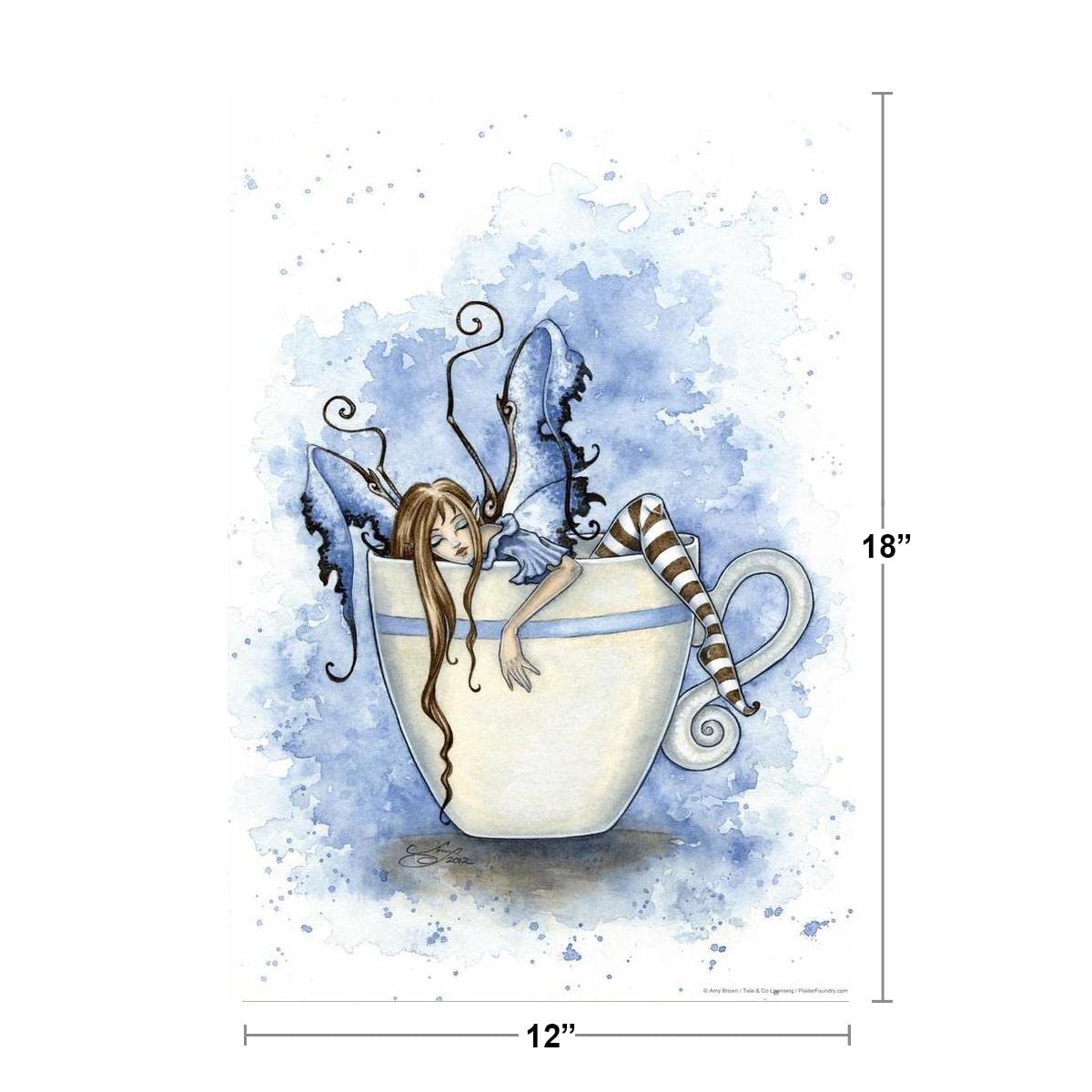 I Need Coffee by Amy Brown Poster Winged Fairy Resting In Coffee Cup Mug Funny Humor Drawing Cool Wall Decor Art Print Poster 12x18