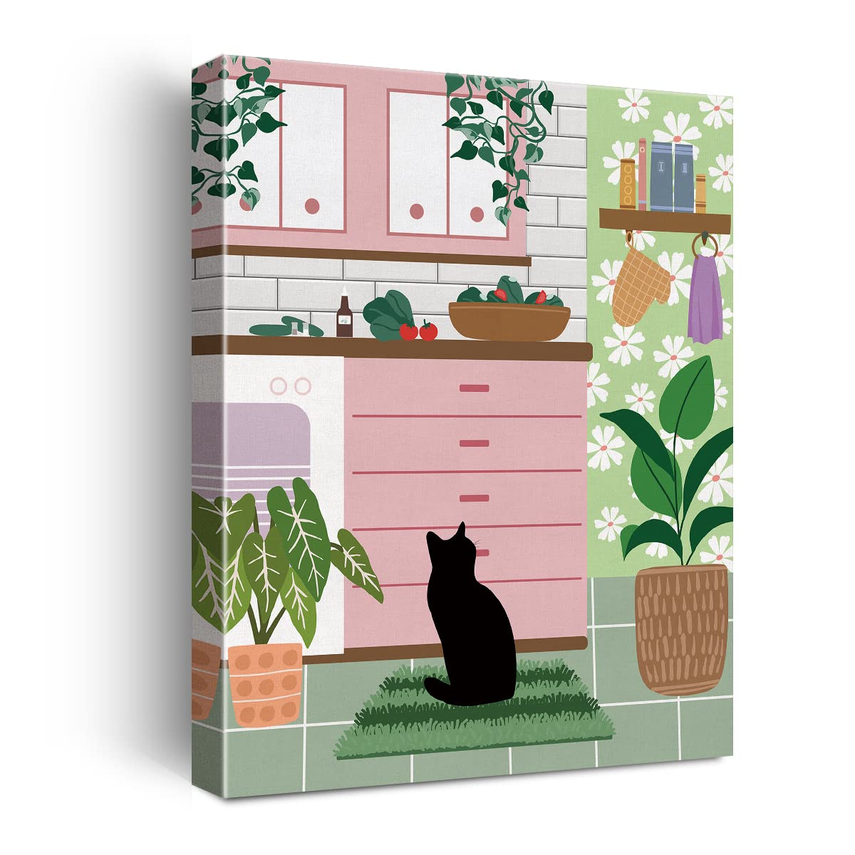 NISTOMISU Black Cat in the Pink Kitchen Canvas Prints Wall Decor Boho Botanical Black Cat Canvas Art Sign Canvas Poster Gifts for Home Kitchen Decor 11.5"x15"