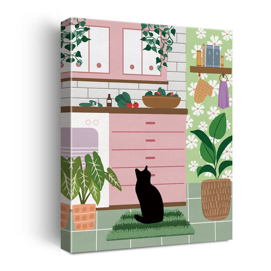 NISTOMISU Black Cat in the Pink Kitchen Canvas Prints Wall Decor Boho Botanical Black Cat Canvas Art Sign Canvas Poster Gifts for Home Kitchen Decor 11.5"x15"
