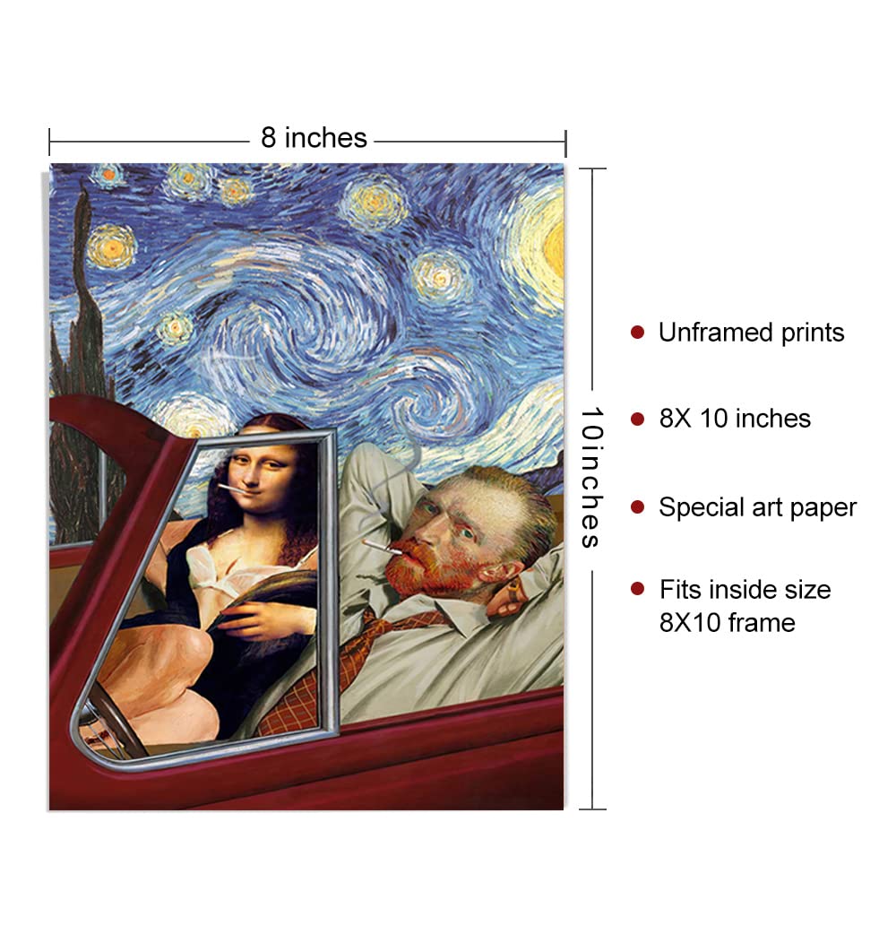 Van Gogh Starry Night Wall Decor - Mona Lisa Posters Wall Art - Funny Posters - Gag Gifts - Cool Edgy Poster - Van Gogh & Mona Lisa Driving Red Sports Car - Vintage Landscape Wall Art, 8x10" Unframed