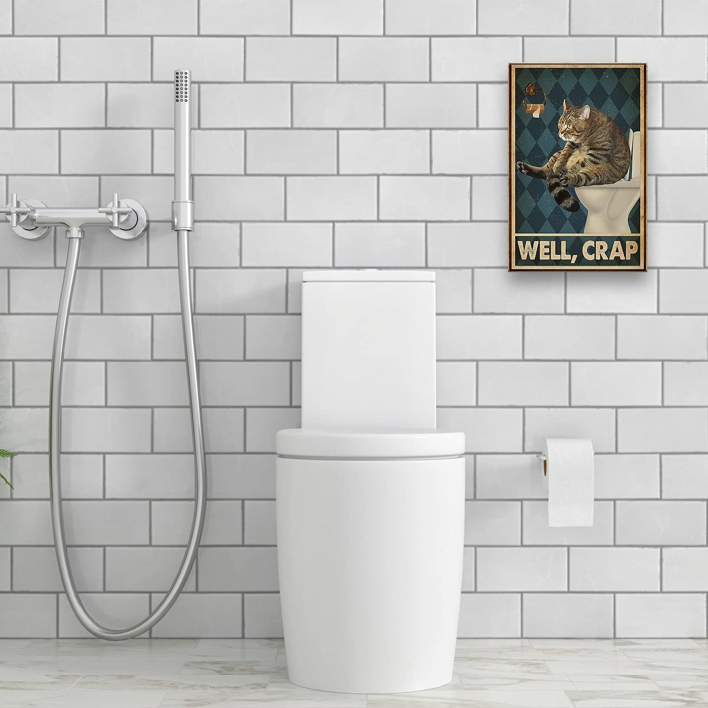 Busmko Cat Paintings Canvas Wall Art Modern Cat Bathroom Decor Posters for Wall Funny Expression Retro Toilet Picture Print Decoration Painting Unframed 08x12 inch(20x30cm)