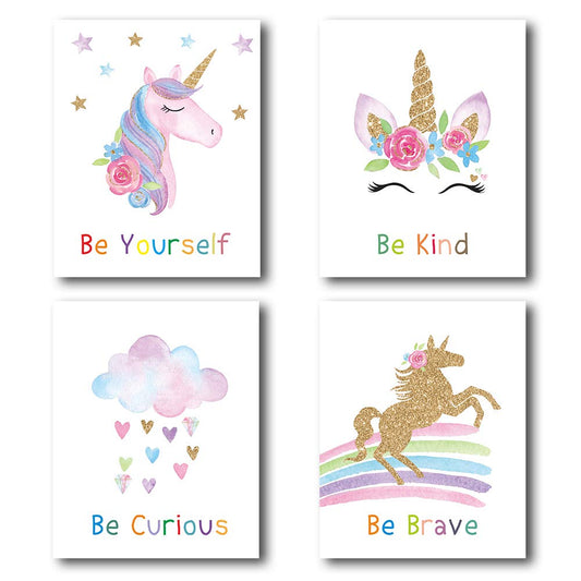 heshengzaixian Unicorn Poster for Girls Room, Inspirational Quotes Unicorns and Rainbows Wall Art Prints for Nursery Shool,Gift for Girls,Set of 4 Unframed (8x10 inch)