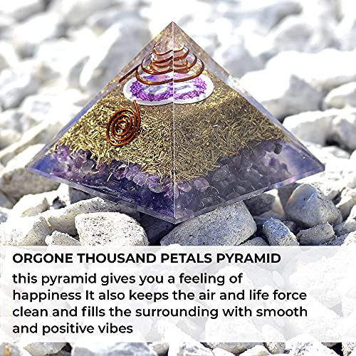 Orgone Pyramid Energy Generator - Crown Chakra Symbol Orgonite Amethyst Crystal Pyramid with Brass Metal for E-Energy Protection - Chakra Balancing-Healing-Meditation-Yoga