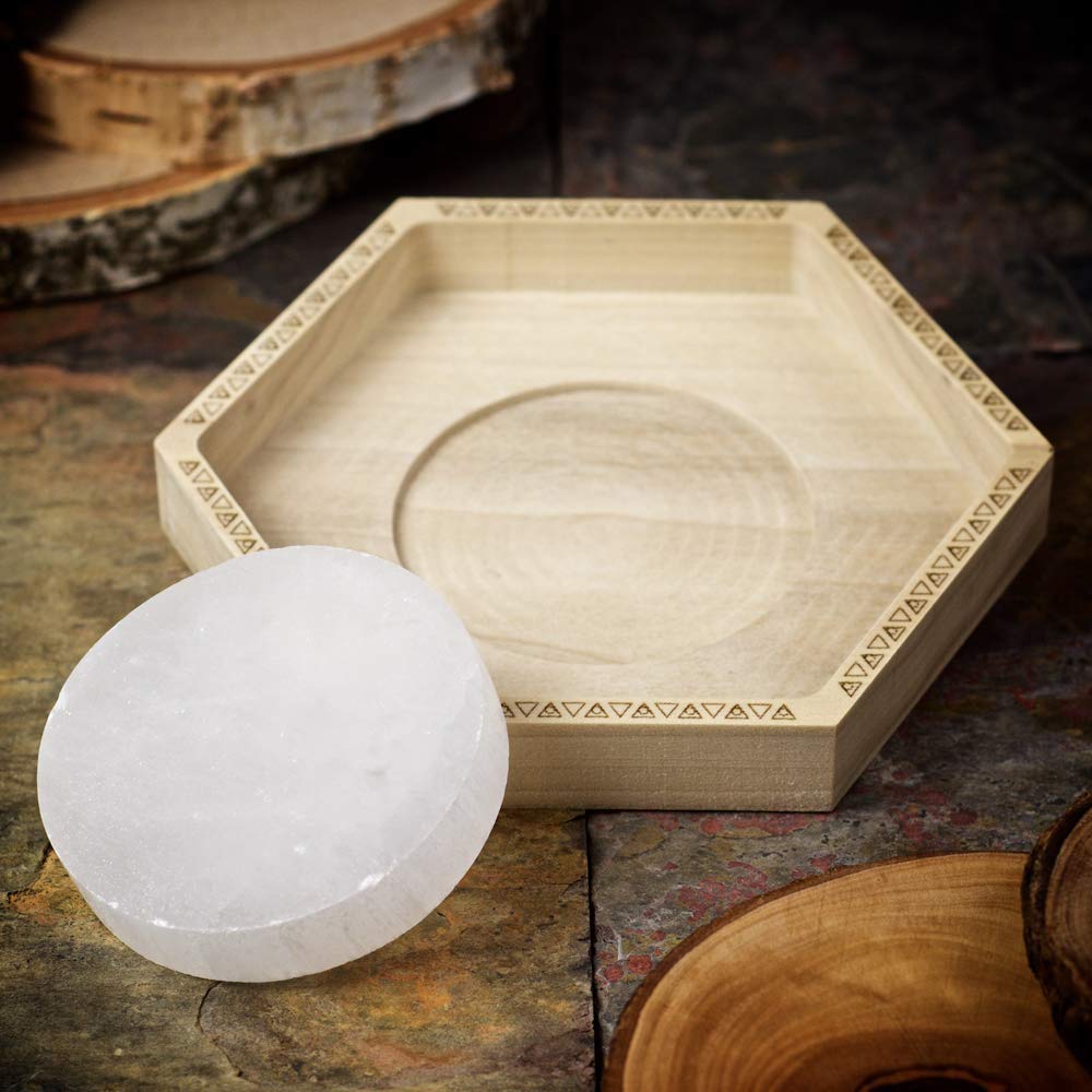 Handmade Selenite Circle Crystal Charging Tray made from Natural Poplar Wood