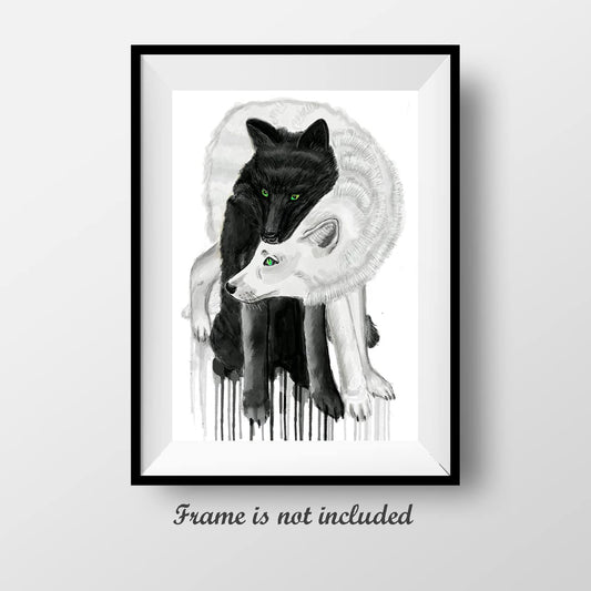 7Dots Art. Black and white Wolves Couple. Romantic Animals Family Series. Art Print, Poster 8"x10" on Fine Art Thick Watercolor Paper for Living Room, Bedroom, Bathroom. Wall Art Decor. (Wolf)